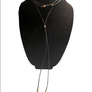 Taolei Black Leather Lariat Choker with Gold Beads